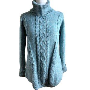 L.L. Bean Women's Sweater Cotton Cable Knit LS Turtleneck Marled Teal, sz Small